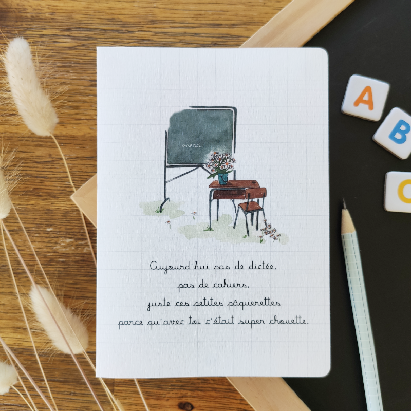 _______
L'ÉCOLE EST FINIE !
 

Une jolie carte illustrée d'un mobilier scolaire vintage, réalisé à l'aquarelle avec un petit texte composé par mes soins.
Idéal pour offrir aux enseignants de vos enfants

 

•  Carte avec ouverture pour inscrire un message à l'intérieur
•  Format plié : 110 x 148 cm
•  Format ouvert : 210 x 148 cm
•  Intérieur vierge
•  Bords arrondis
•  Fournis avec une enveloppe kraft
•  Impression numérique sur papier texturé de qualité de 250g
•  Non personnalisable

 

 

 

Pour compléter votre collection, pensez à l'associer avec les autres cartes de la boutique.