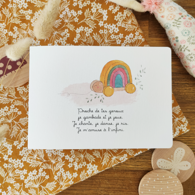 _______
JOUER, RIRE & GRANDIR
 

Une jolie carte illustrée d'une tortue à tirer ayant pour carapace un arc-en-ciel, réalisée à l'aquarelle avec un petit texte composé par mes soins.
Idéal pour offrir aux assistantes maternelles et aux personnels de crèche.

 

•  Carte avec ouverture pour inscrire un message à l'intérieur
•  Format plié : 150 x 110 cm
•  Format ouvert : 300 x 105 cm
•  Intérieur vierge
•  Bords arrondis
•  Fournis avec une enveloppe kraft
•  Impression numérique sur papier texturé de qualité de 250g
•  Non personnalisable

 

 

 

Pour compléter votre collection, pensez à l'associer avec les autres cartes de la boutique.